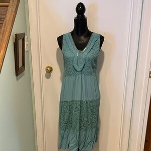 Seafoam Green/Teal Sleeveless Sun Dress with Lace Inserts + sequins. Size M.